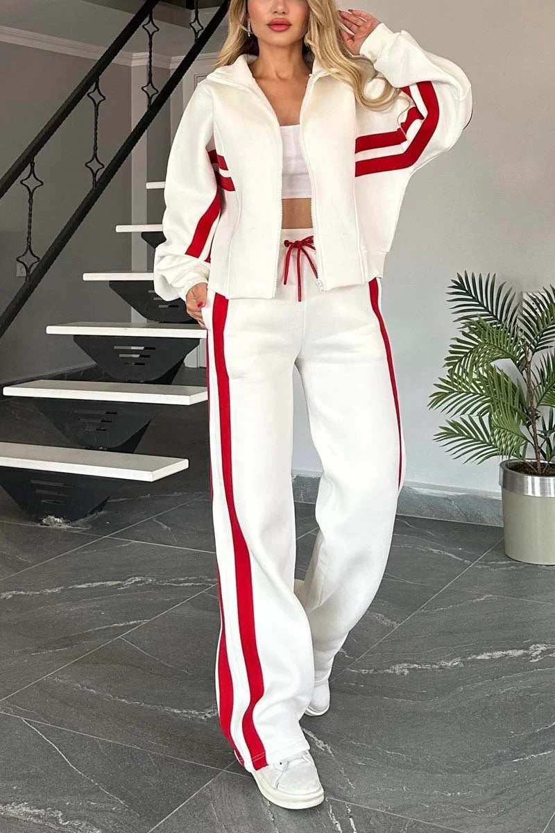 Women Striped Zipper Top and Pants Casual Sports Two-piece Set
