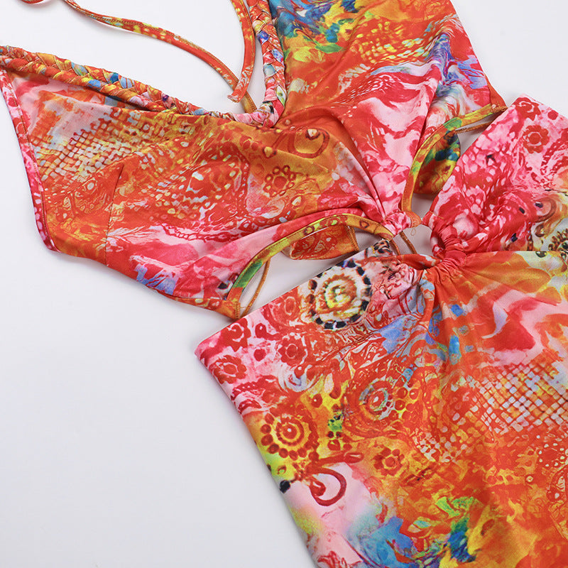 Women summer sexy printed hollow Halter Neck Bodycon dress 12