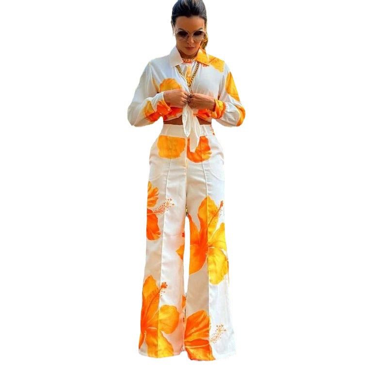 Women printed shirt and wide-leg pants Casual two-piece set 8