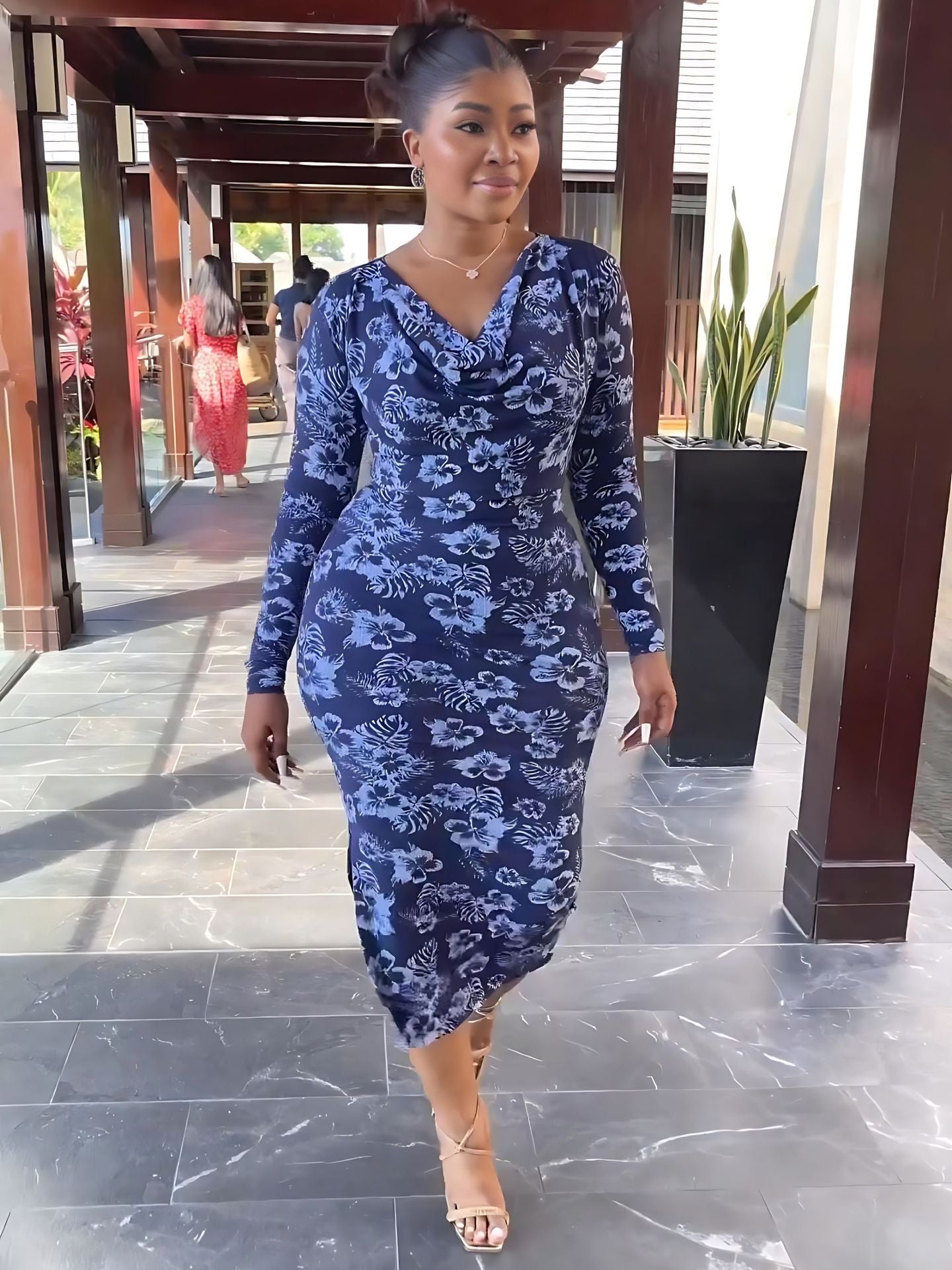 Chic Long Sleeve Printed Midi Dress Foral High Waist Side Slit Slim Fit Women's Dress 5