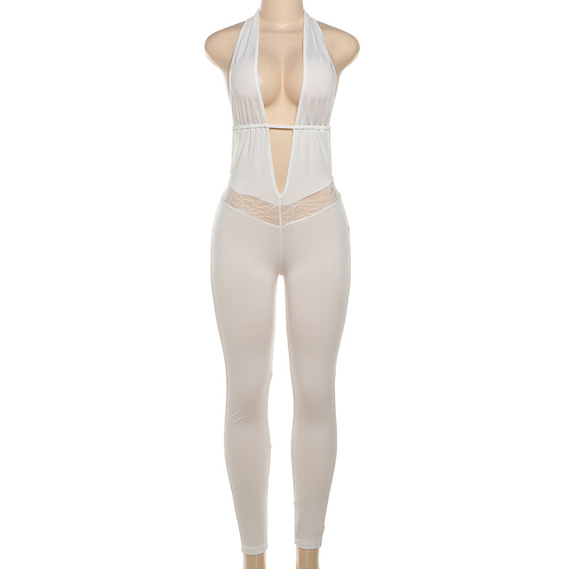Women Summer Sexy Halter Neck V-neck Backless Lace Hollow Jumpsuit 8