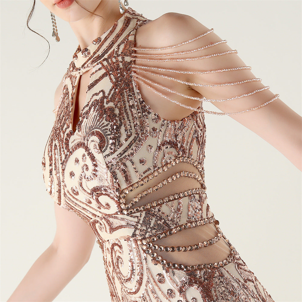 Women beaded chain shoulder sequin halter neck formal party evening dress 23