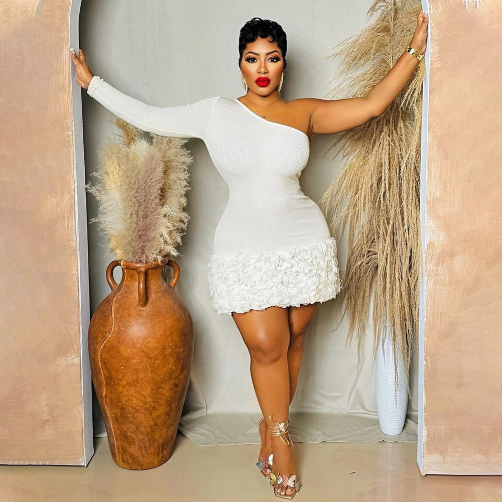 Women Single-Sleeve Ribbed Flower Bodycon Dress 3