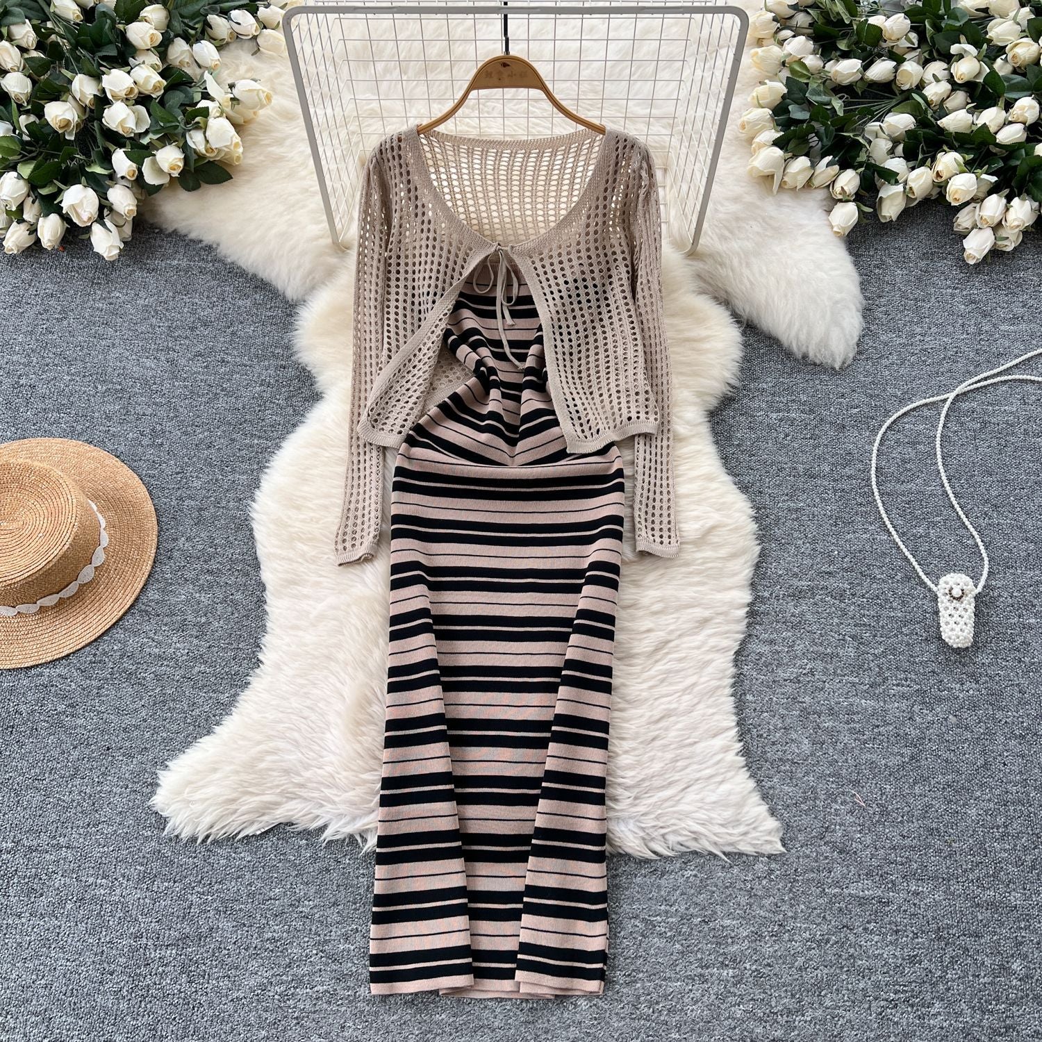 Tie Up Cardigan Low Back Strap Slim Fit Chic Stripes Knitting Dress 6