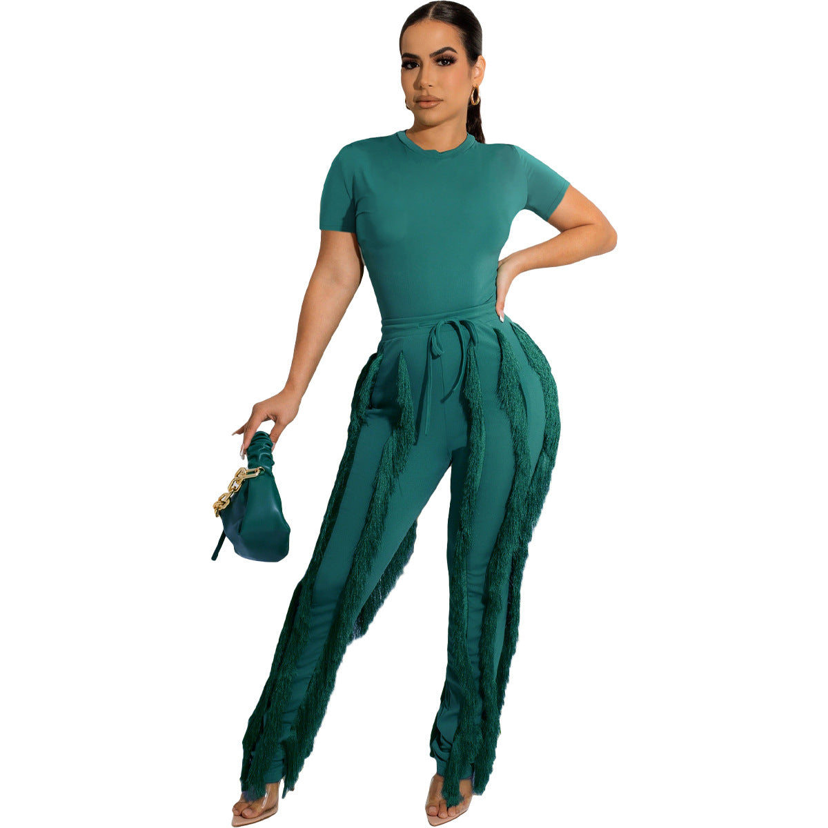 Ladies Suit Tassel Lace Fashion Multicolor Spring Summer Solid Color Sports Top + Pants Set 10