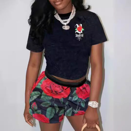 Women Casual Trendy Printed Short Sleeve Top and Shorts Two-Piece Set 7