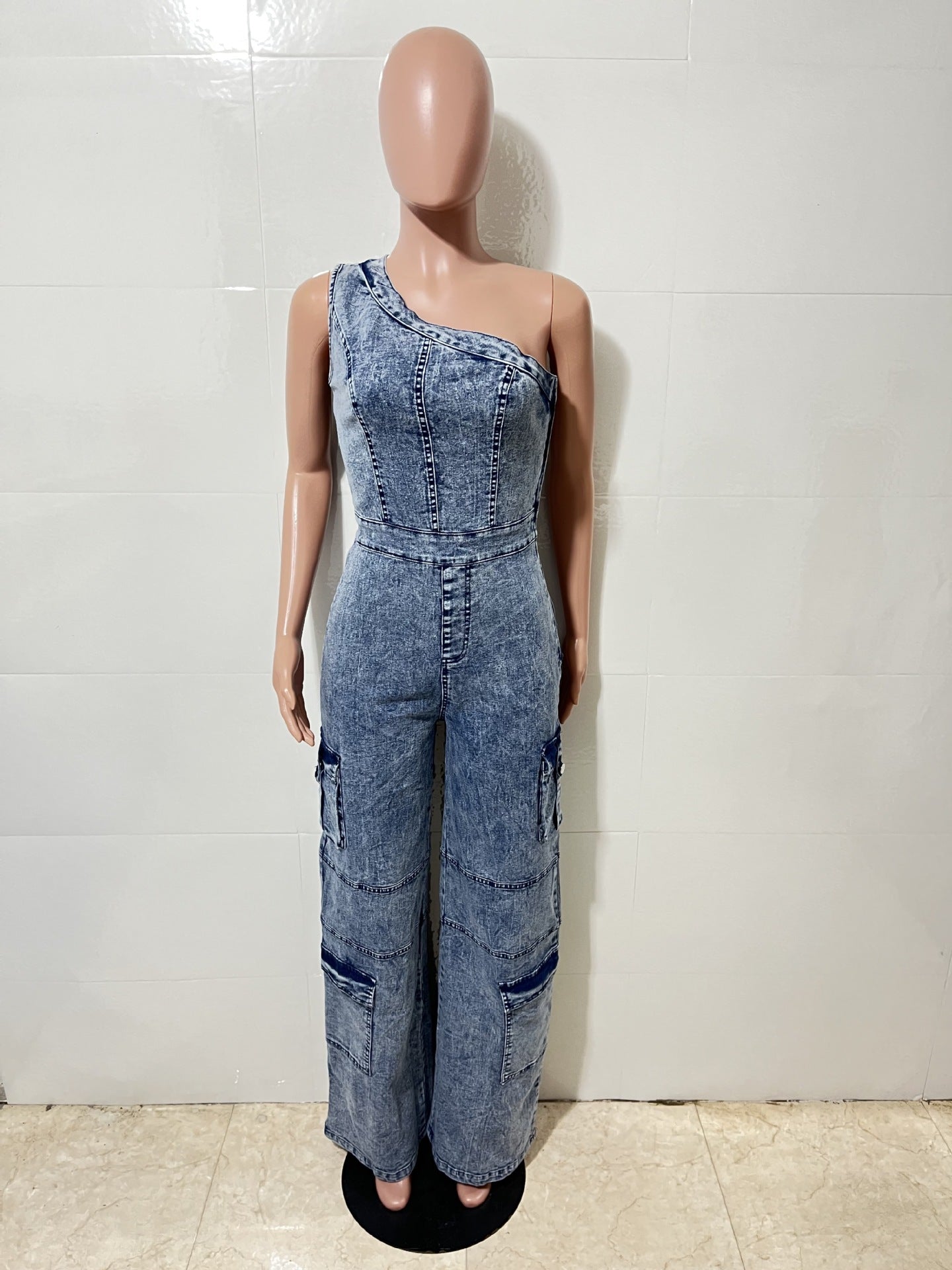 Women slash shoulder stretchy washed denim jumpsuit 6