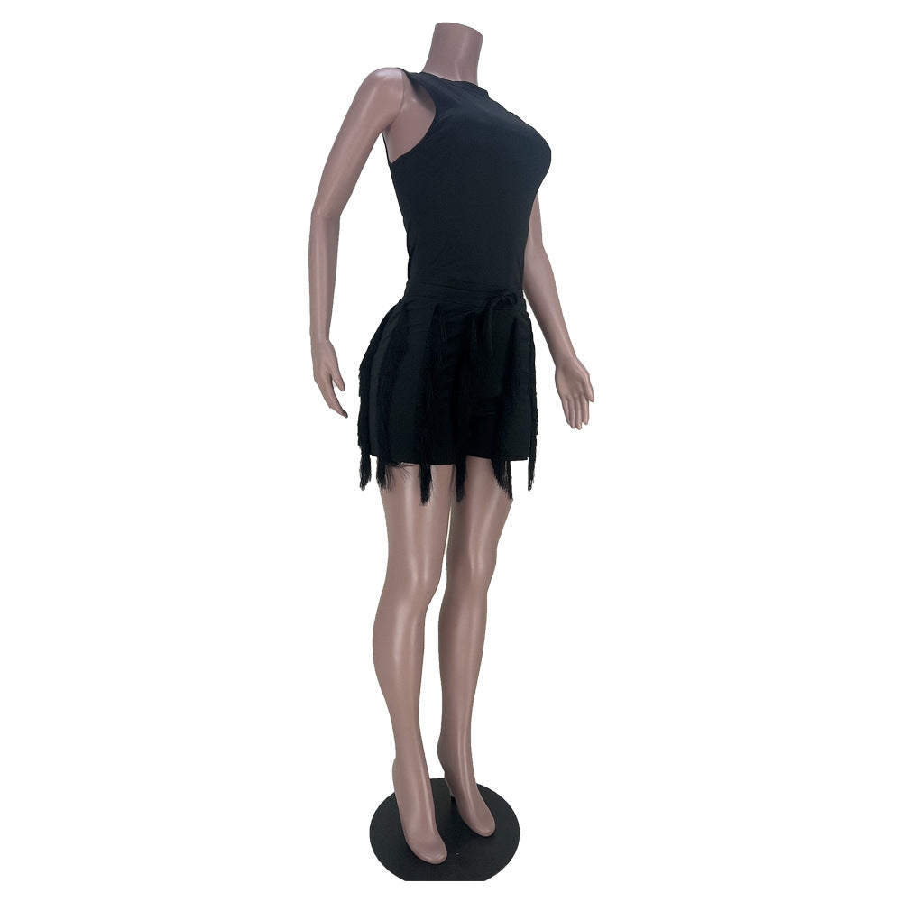 Women'S Sleeveless Tank Top Drawstring Fringe Casual Solid Shorts Two Piece Set 27
