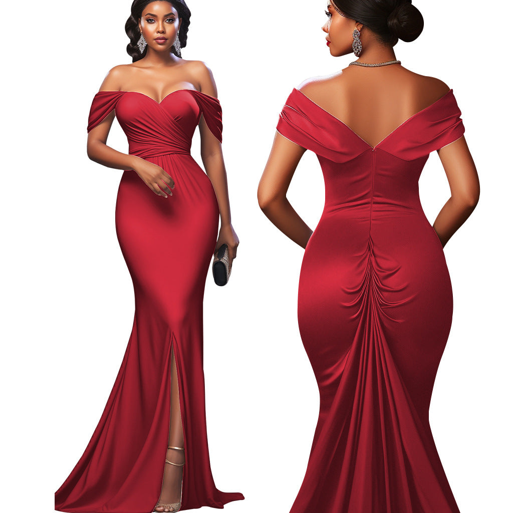 Women Sexy Solid Off-shoulder Evening Dress 6