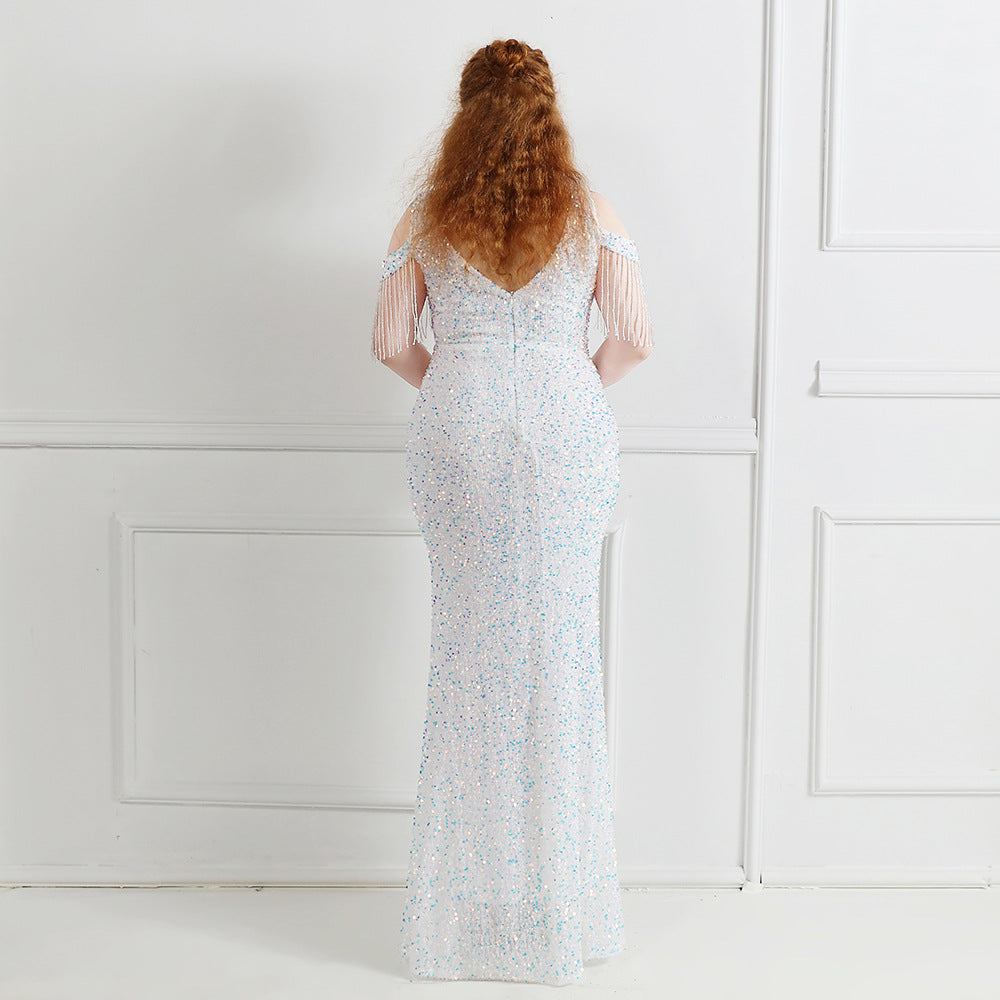 Plus Size Women Sequin Patchwork Fringe Formal Party Evening Dress 12