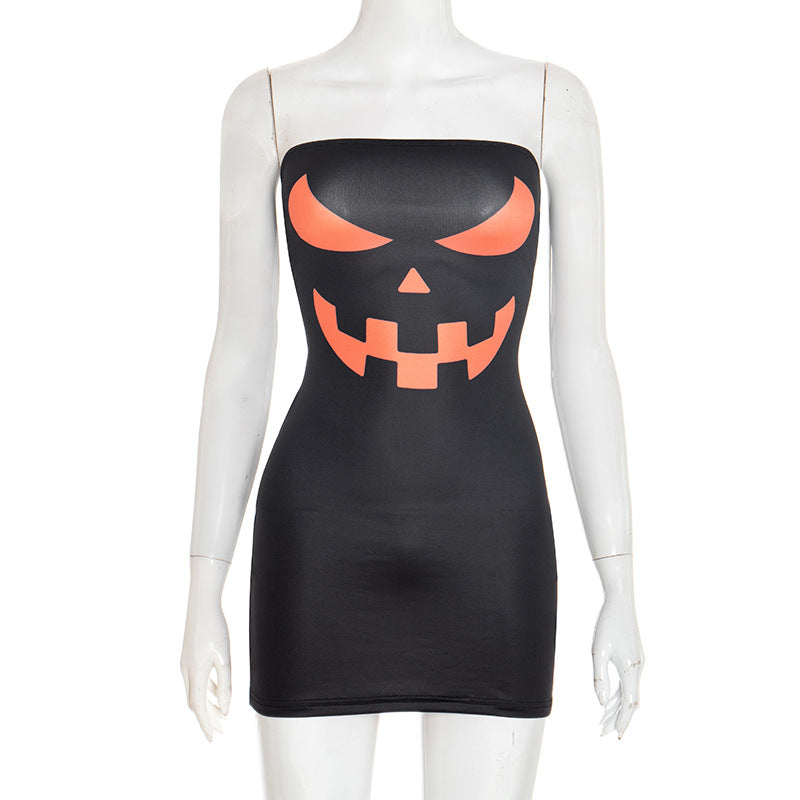 Women's Autumn Strapless Halloween Print Tight-Fitting Mini Bodycon Dress 5