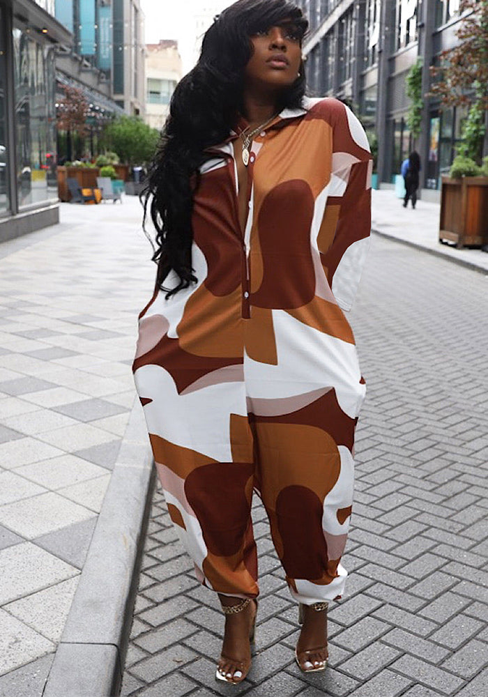 Women Winter Sexy Turndown Collar Loose Irregular Printed Jumpsuit