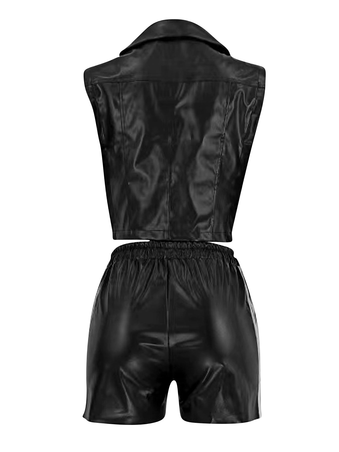 Women's Fashion Single-Breasted Pu Sleeveless Top Pocket Shorts Two-Piece Set 7