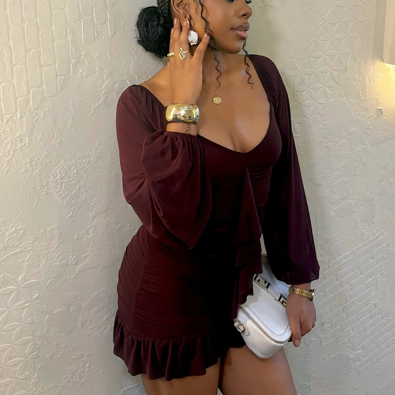 Loose Pleated U Neck Low Back Long Sleeve Dress Casual Comfort 6