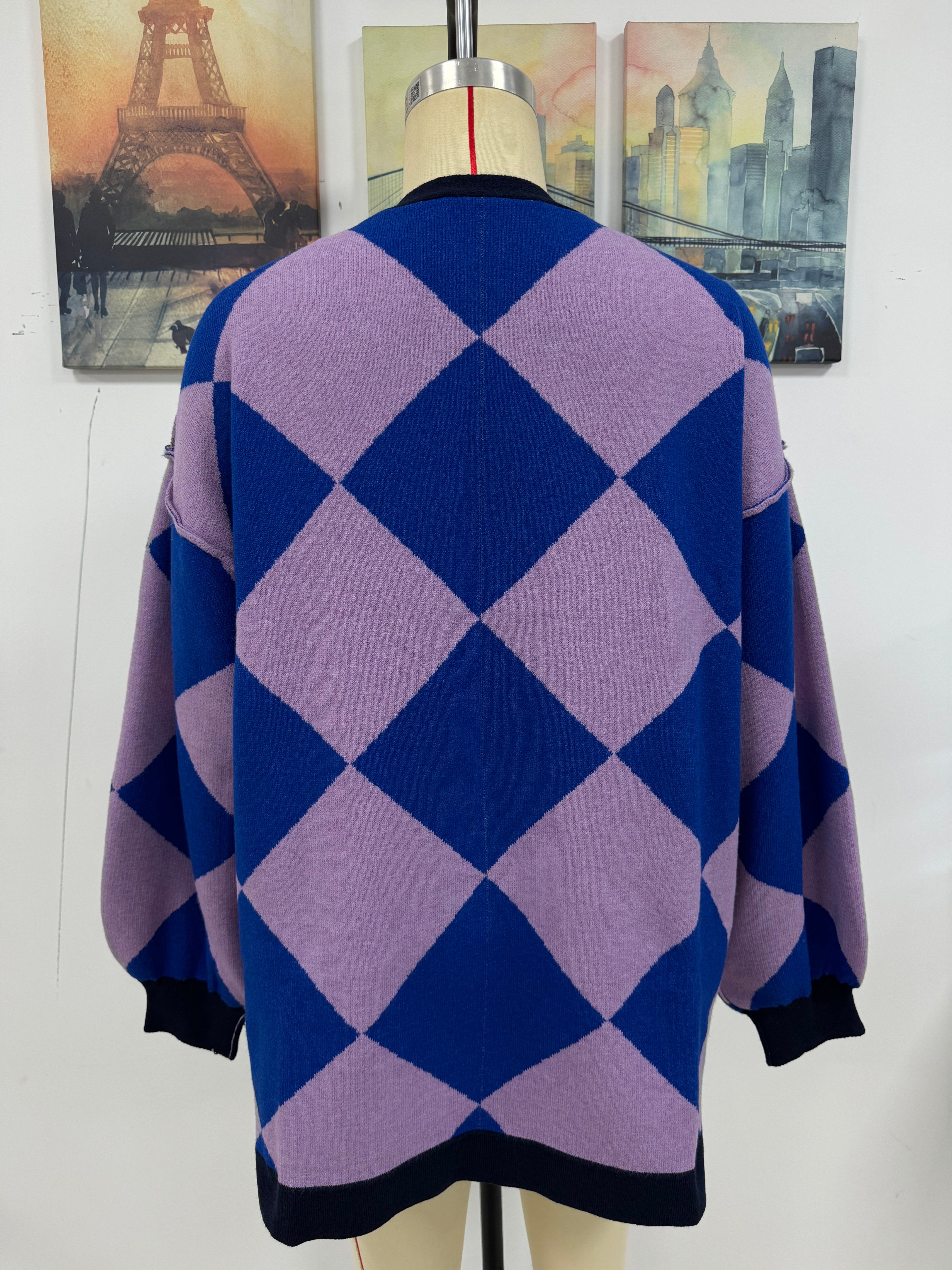 Women Autumn Winter V-Neck Diamond Patchwork Contrast Color Loose Knitting Cardigan Sweater 6