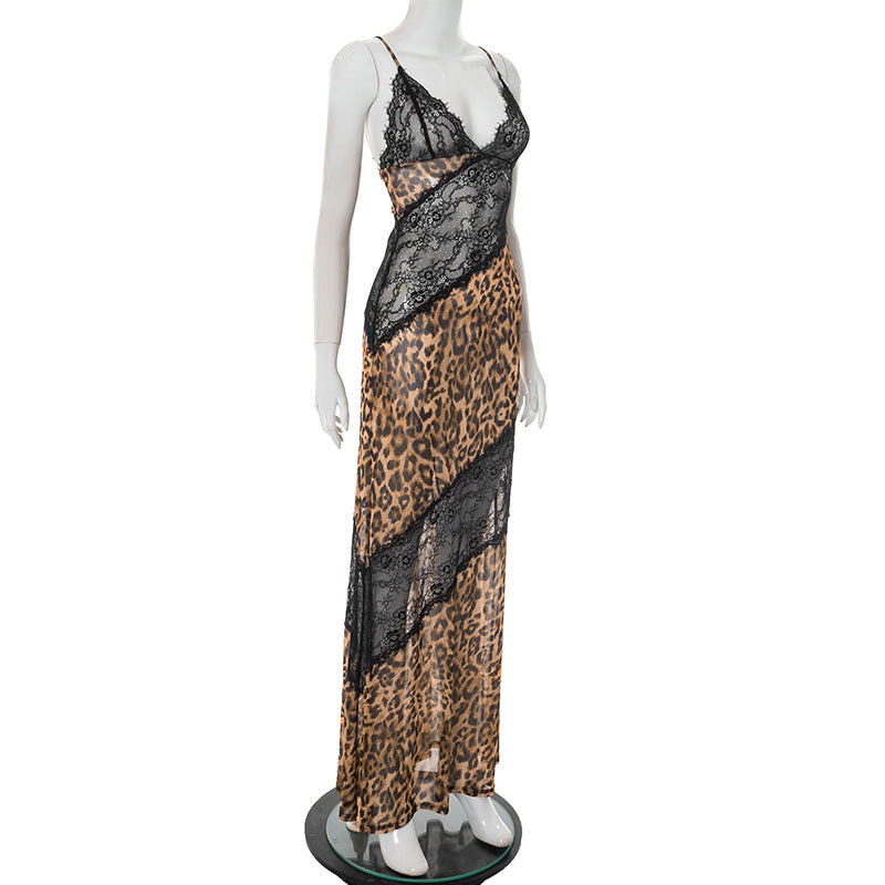 Women Leopard Print Patchwork LaceV Neck Strap Fishtail Maxi Dress 7