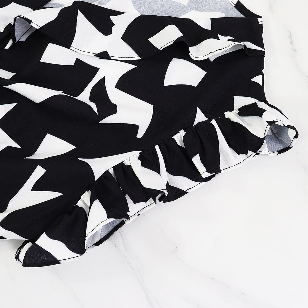 Chic Elegant Dress V-Neck Slim Waist Belt Black And White Printed Mid-Length Dress 10