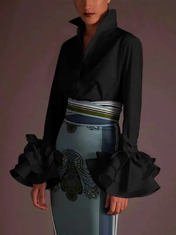 Autumn Women's Solid Color Slim Casual Ruffle Sleeve Shirt Top 3