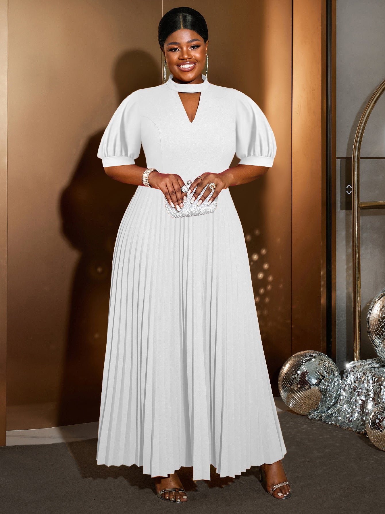 Plus-Size Women Half-Tall Neck Hollow Puff Short-Sleeved Party Pleated Dress 5