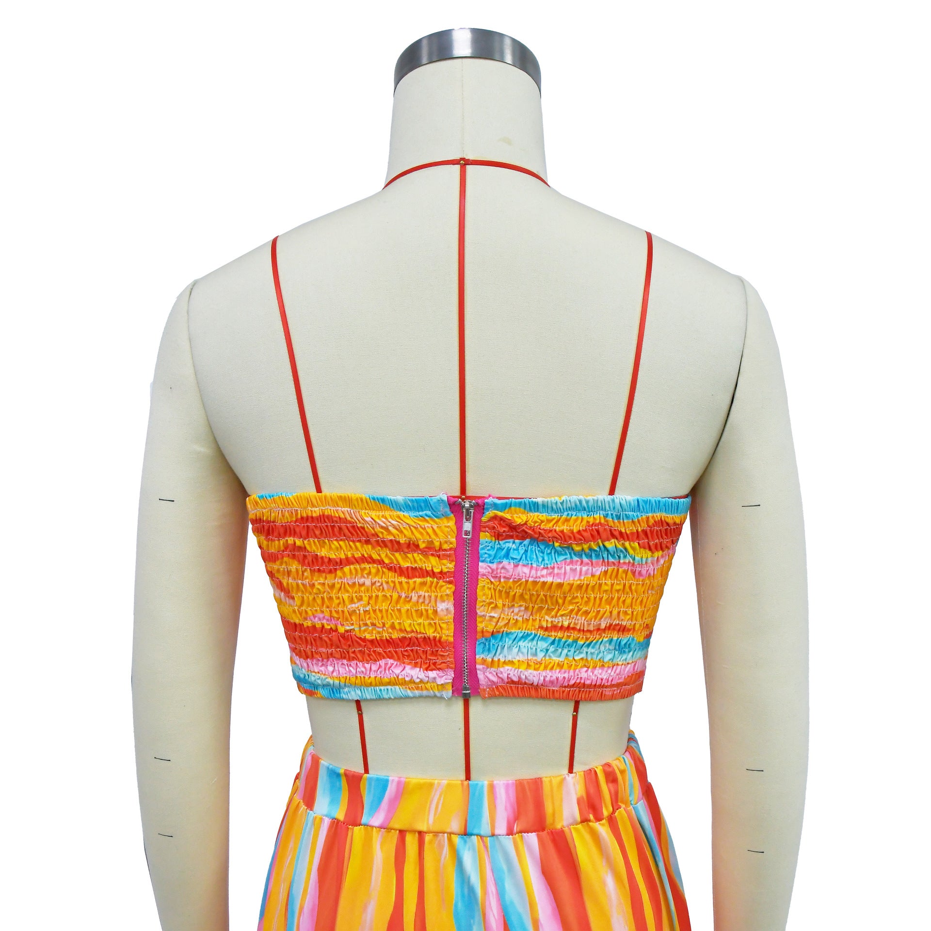 Ladies Fashion Striped Print Strapless Top Long Skirt Two-Piece Set 16