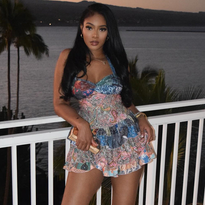Women Printed Halter Neck Backless Ruffle Mini Dress 3