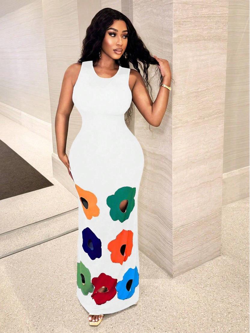 Summer Fashion Round Neck Sleeveless Positioning Print Cut-Out A-Line Dress 6