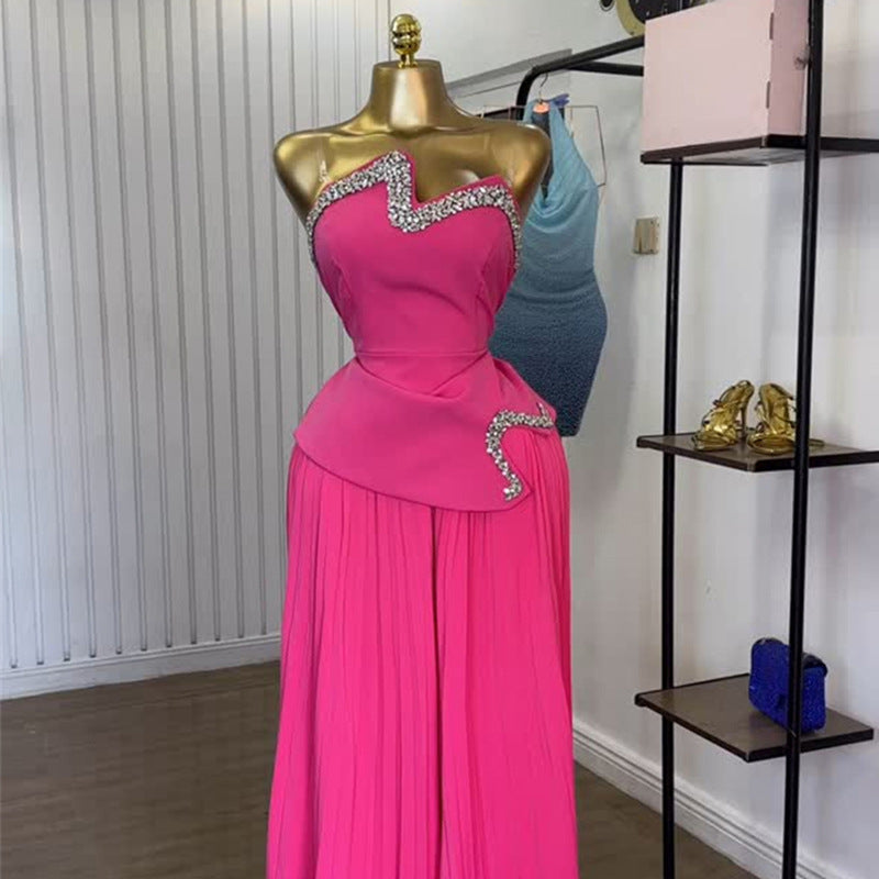 Women's Summer Strapless Crystal-Embellished Asymmetrical Top & Pleated Wide-Leg Pants Set 8