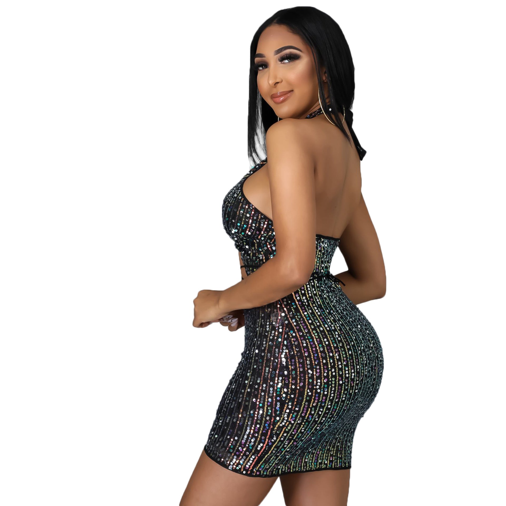 Women Sexy Backless Sequin Halter Bodycon Dress 5