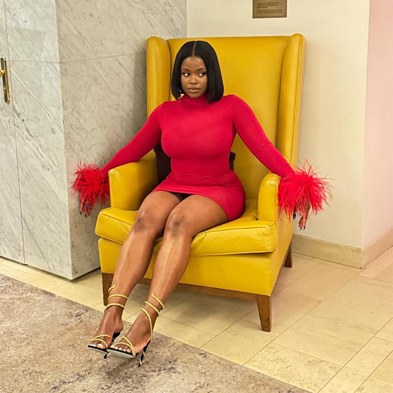 Autumn Solid Color Round Neck Feather Patchwork Slim Sexy Short Dress 11