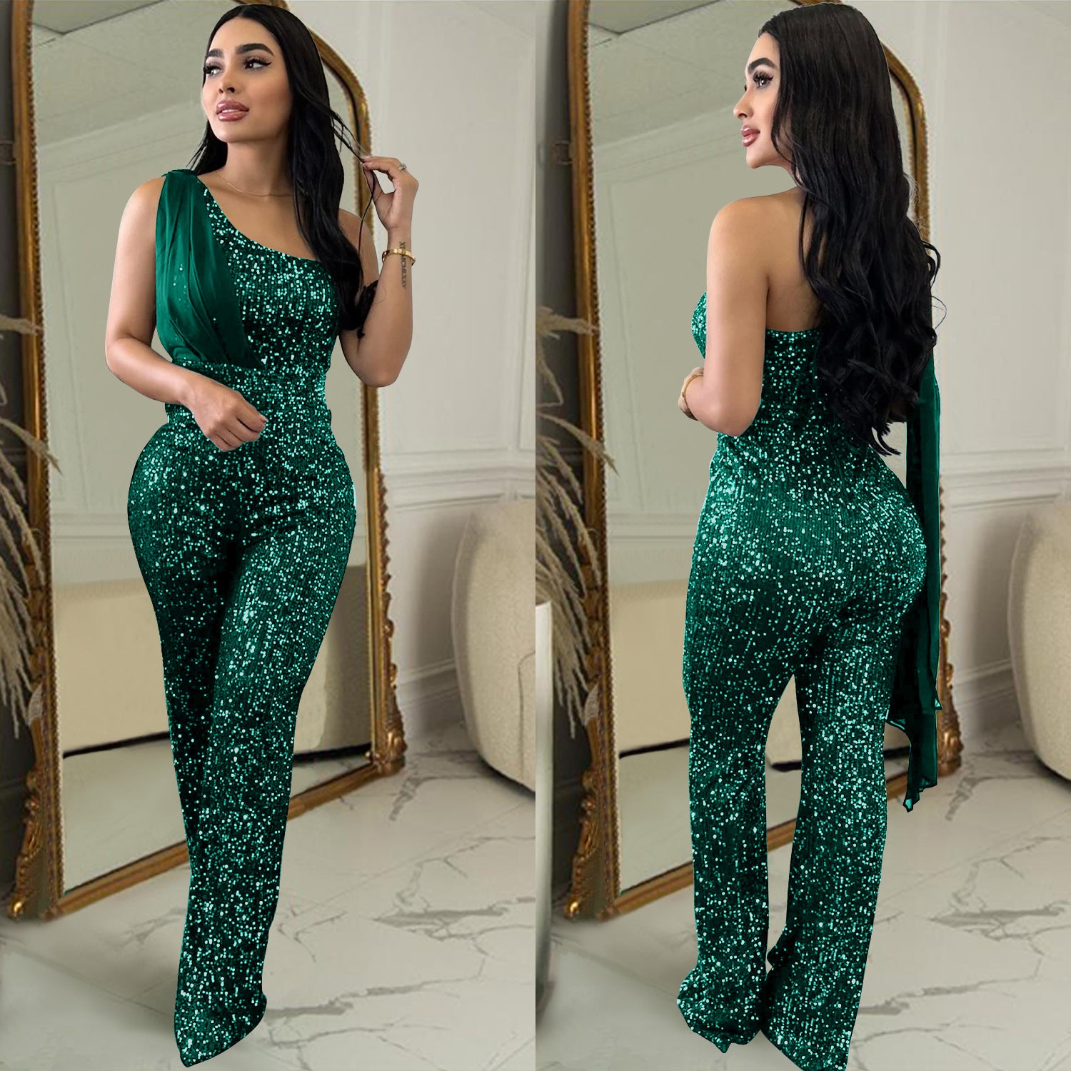 Women Solid Sleeveless One Shoulder Sequin Jumpsuit 8
