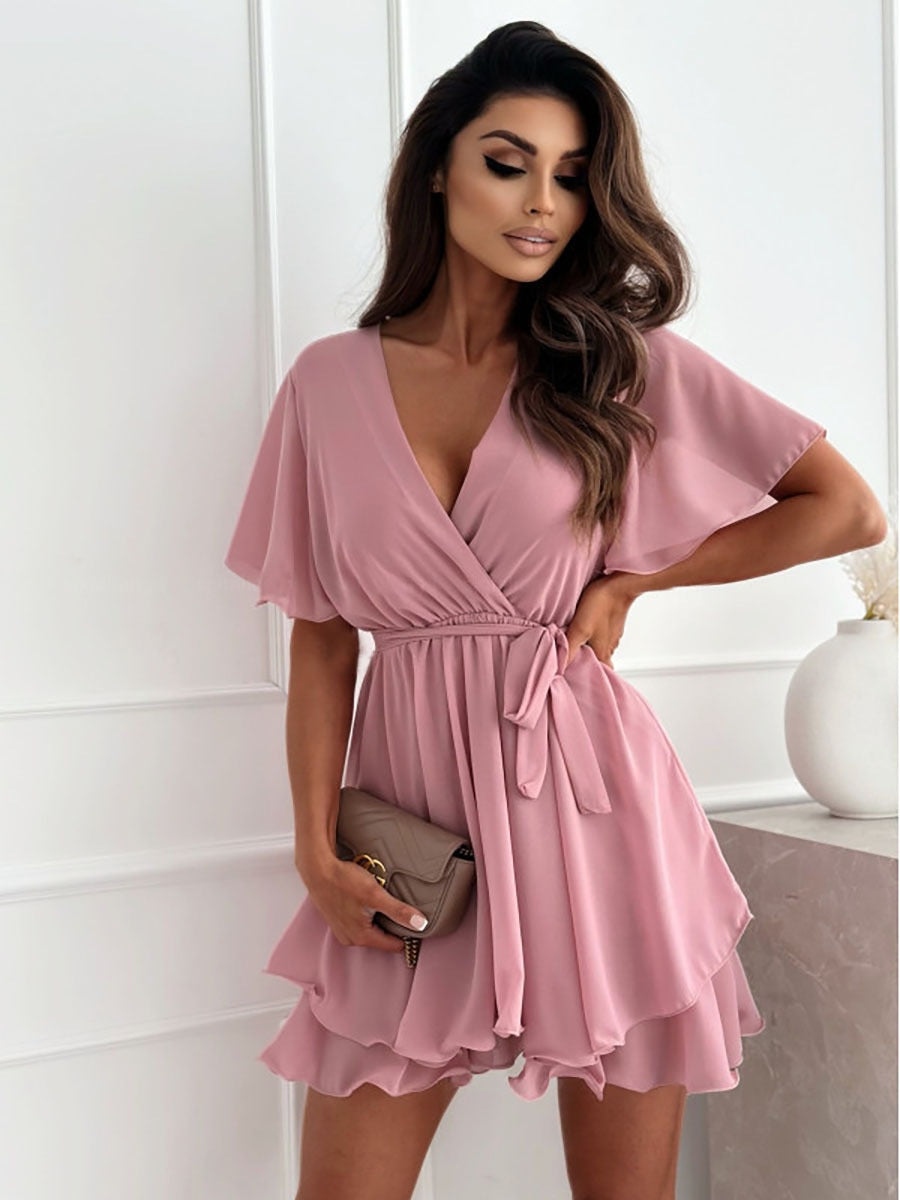 Women Sexy V-neck Chiffon Cross Lace-Up Ruffle Dress 4