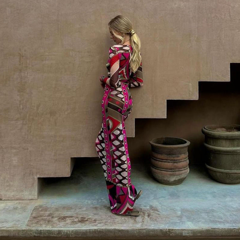 Autumn Women Fashion Trend Print Long Sleeve See-Through Long Dress 3