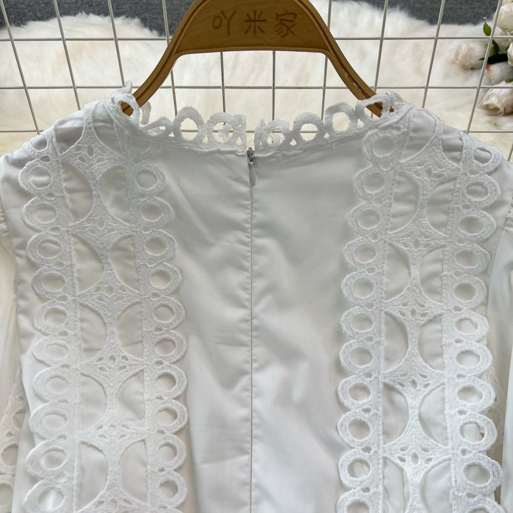 Spring Autumn Retro Chic Lantern Long Sleeve Lace Hollow Patchwork Round Neck Slim Waist Casual Dress 27