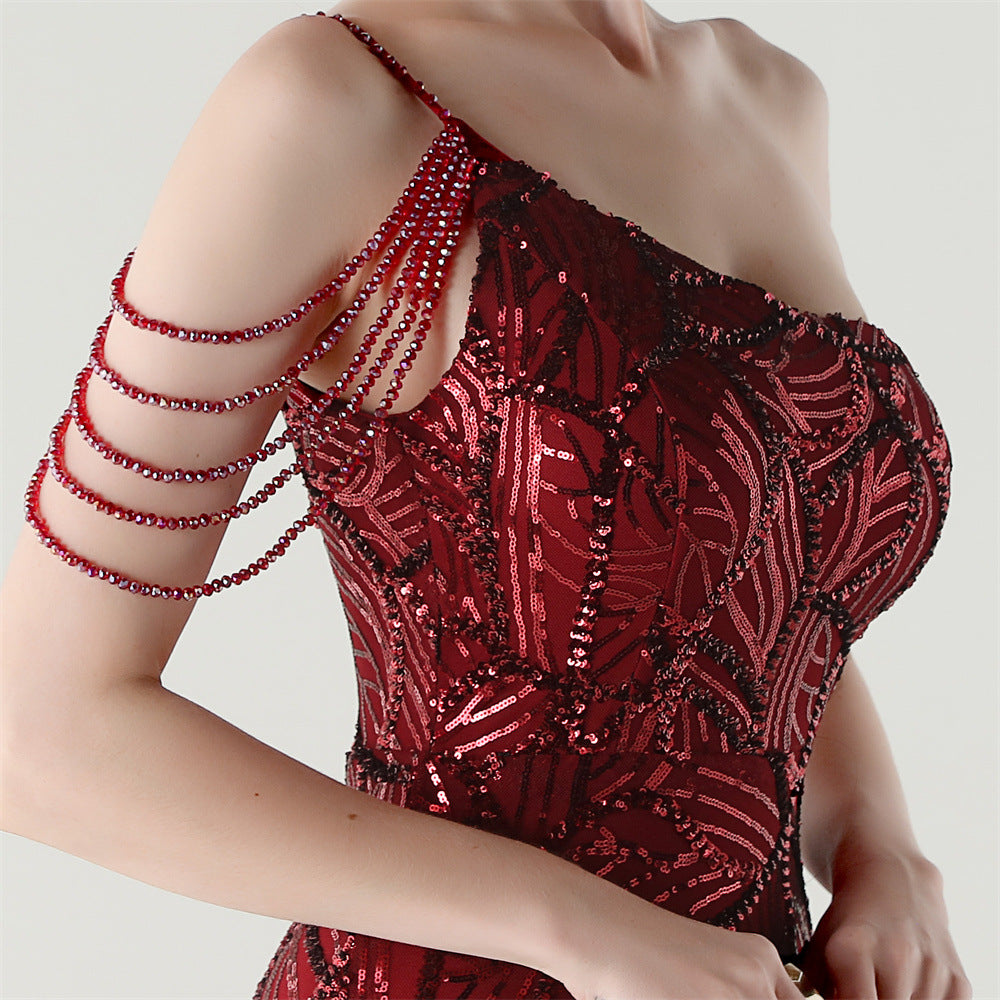 Women One Shoulder Beaded Sequin Embroidery Formal Party Prom Wedding Evening Dress 62