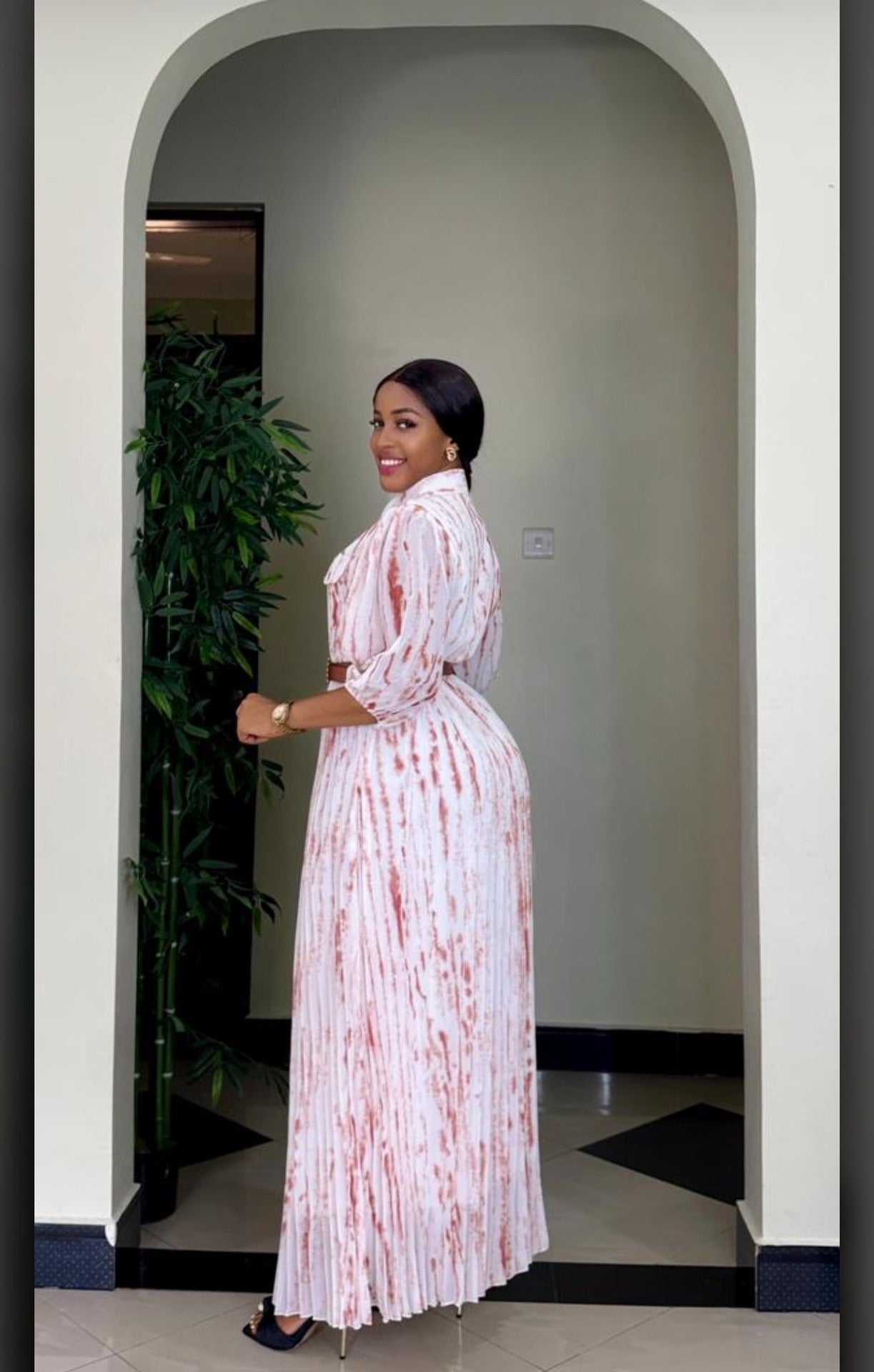 African Women Printed Turndown Collar Long Sleeve Chiffon Dress with Belt 11