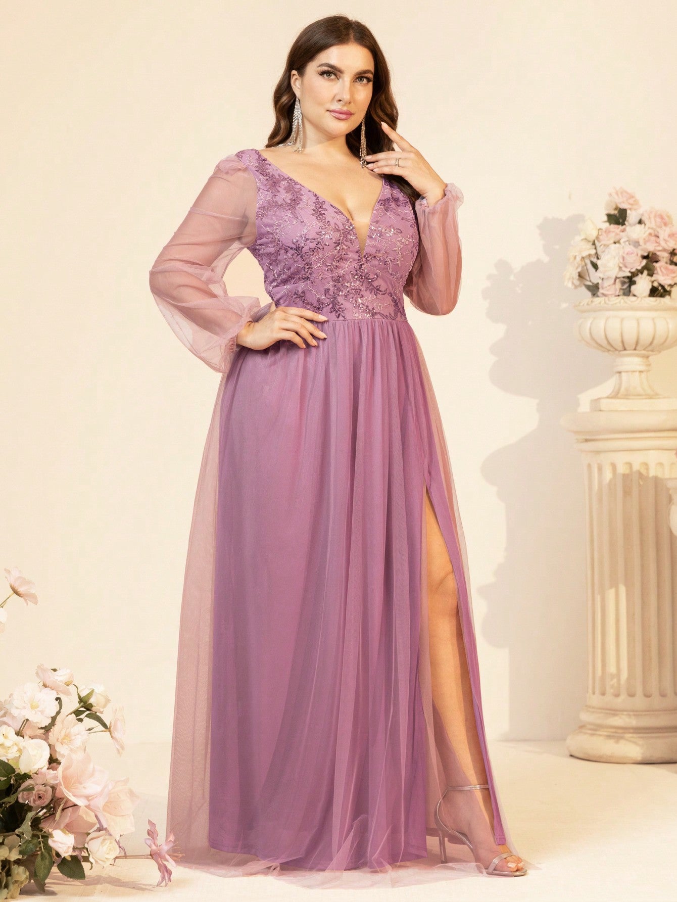 Plus Size Women Spring Summer Sequined Mesh Patchwork Evening Dress 5