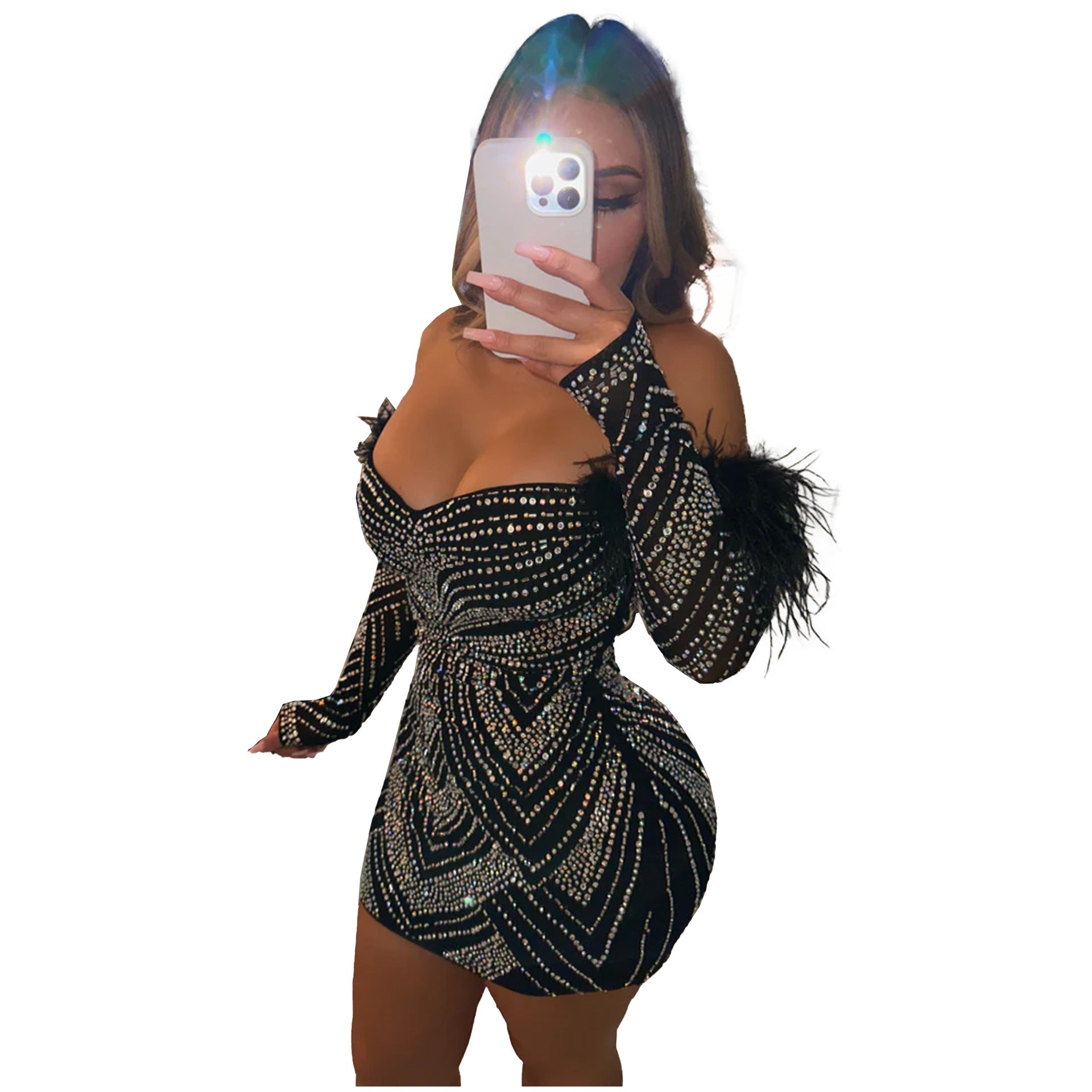 Women's Beaded Feather Off Shoulder Bodycon Dress 7
