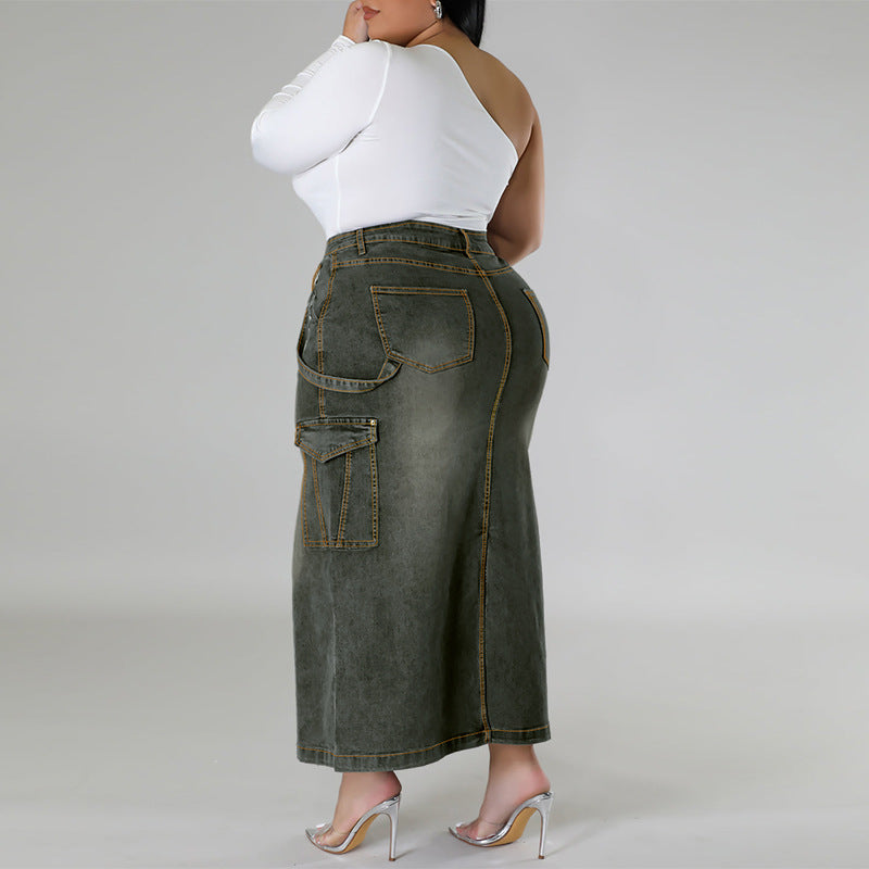 Plus Size Women Denim Strap Slit Skirt 5