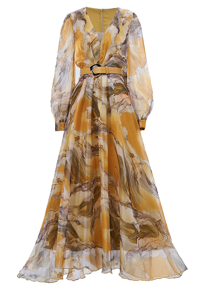 Women long-sleeved V-neck pleated Formal Party mesh dress