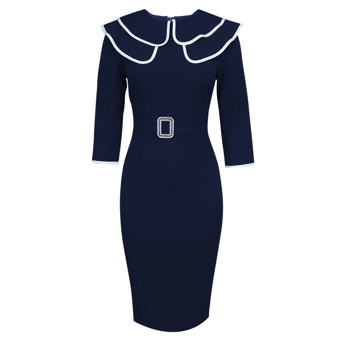 Plus Size Ruffle Contrast Color Slim Waist Diamond Buckle Belt Professional Fashion Bodycon Dress 14