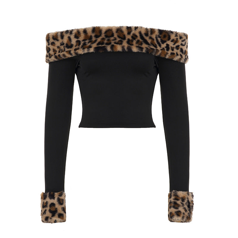 Women Leopard Print Off-Shoulder Long-Sleeved T-Shirt and Furry Shorts Two-Piece Set 10