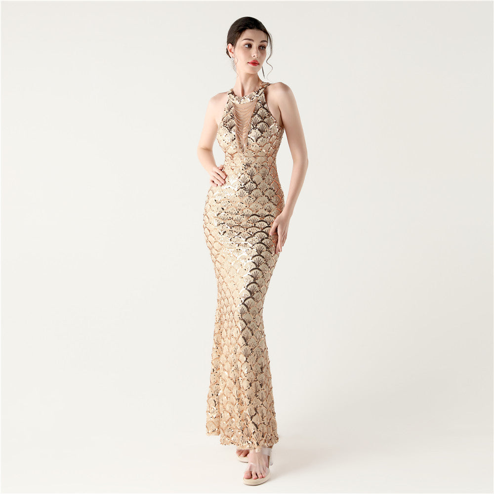 Women Halter Neck high collar hollow fishtail Bodycon fish scale sequin Formal Party evening dress 12