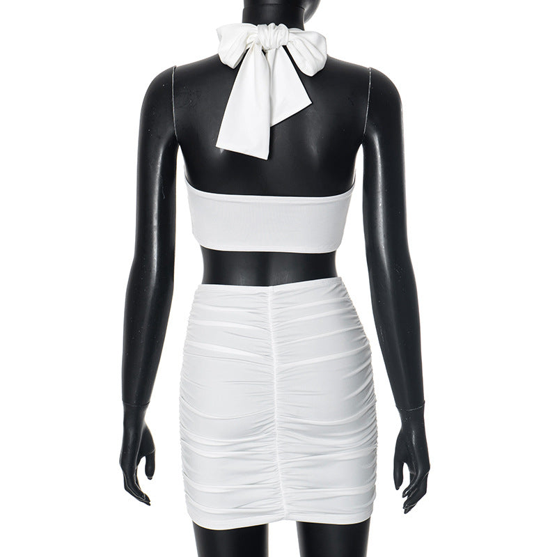 Women sexy Halter Neck Heart Print metal button hollow top and skirt two-piece set 13