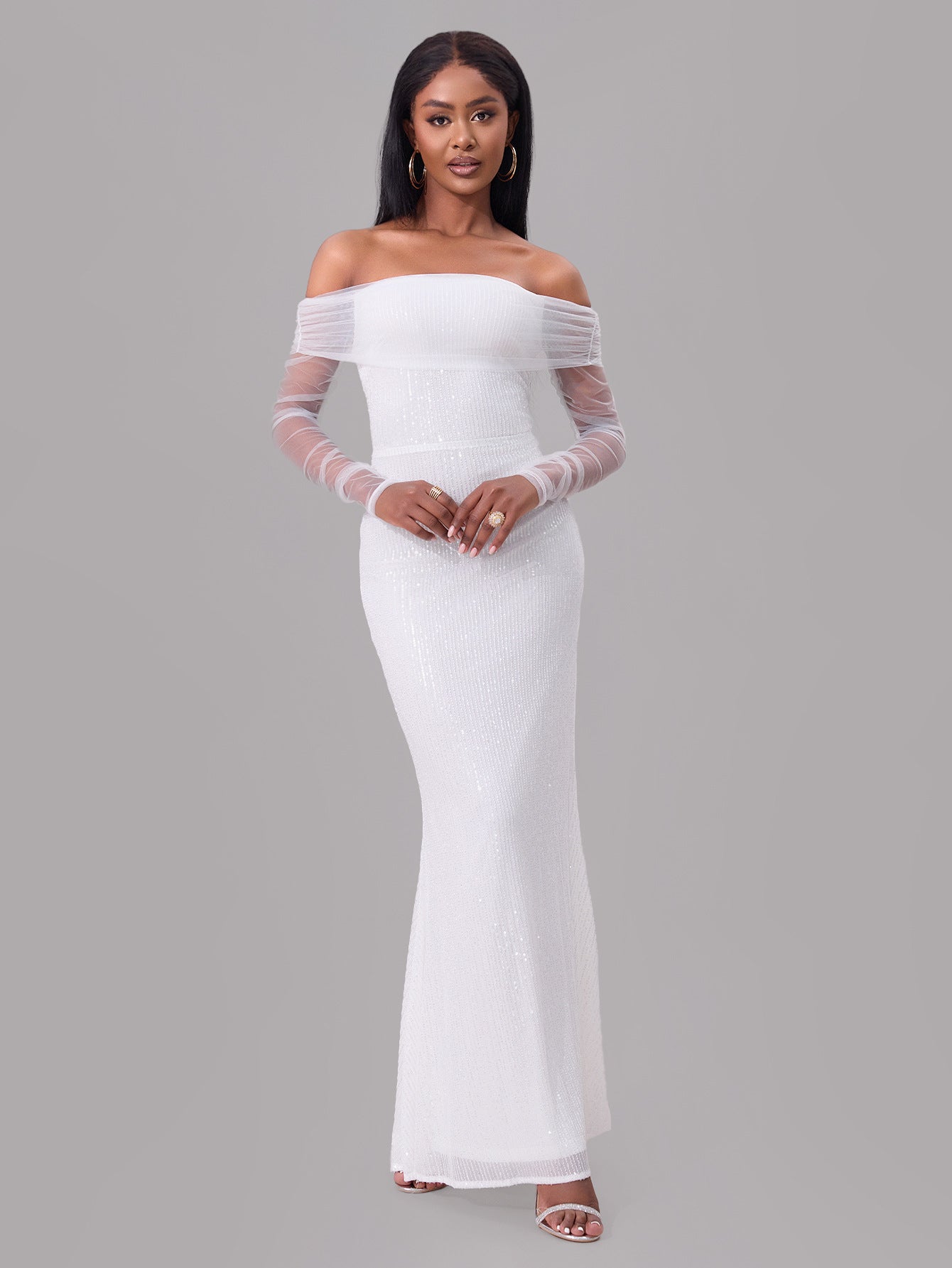 Spring women's chic sexy off shoulder mesh see-through long dress women wedding gown 4