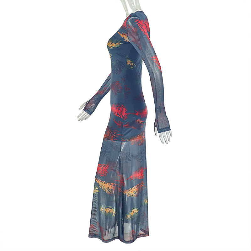 Women Printed Round Neck Long-Sleeved Bodycon Dress 7