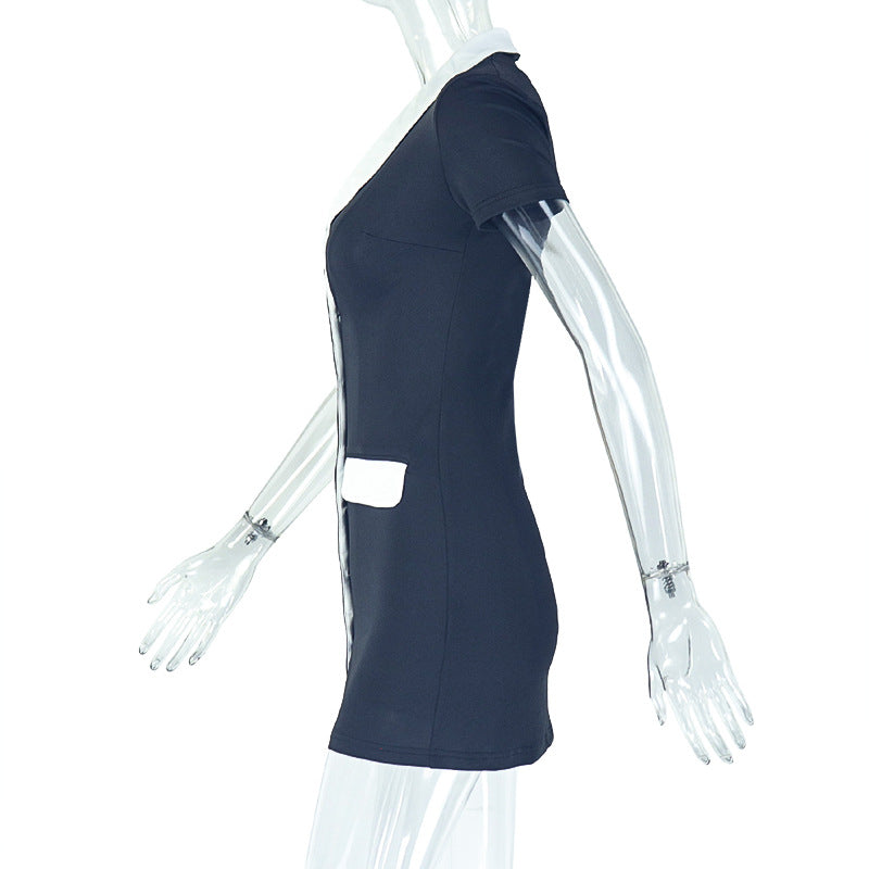 Women's Chic Black-White Contrast Button Short Dress 7