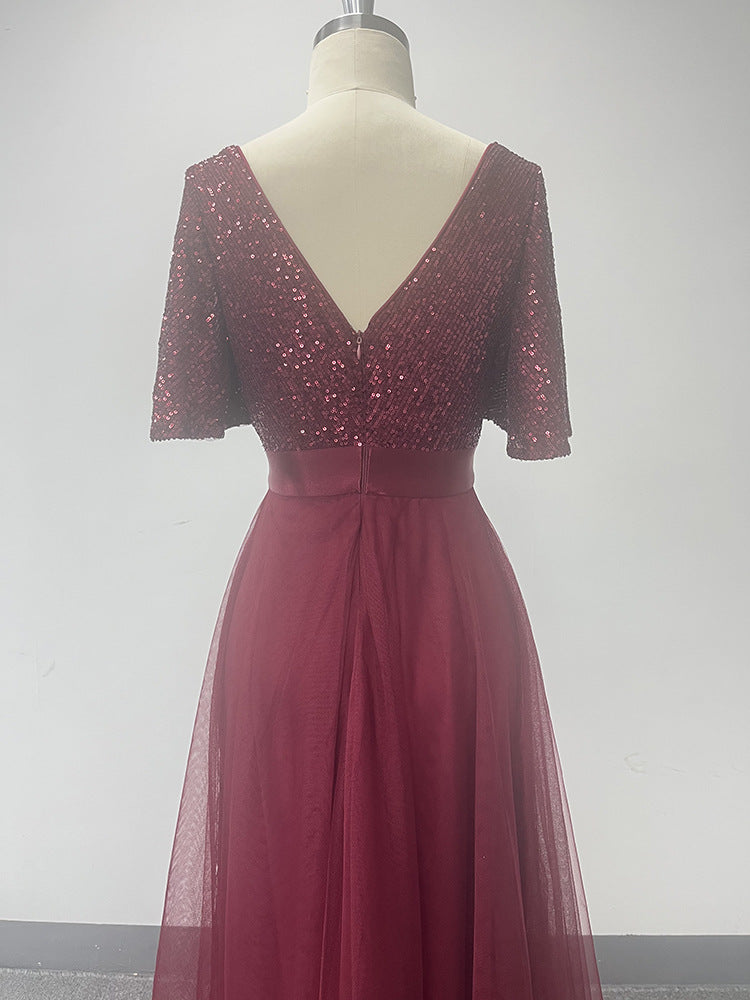 Elastic waist Mesh Patchwork elegant v-neck ruffled short-sleeved evening dress 15