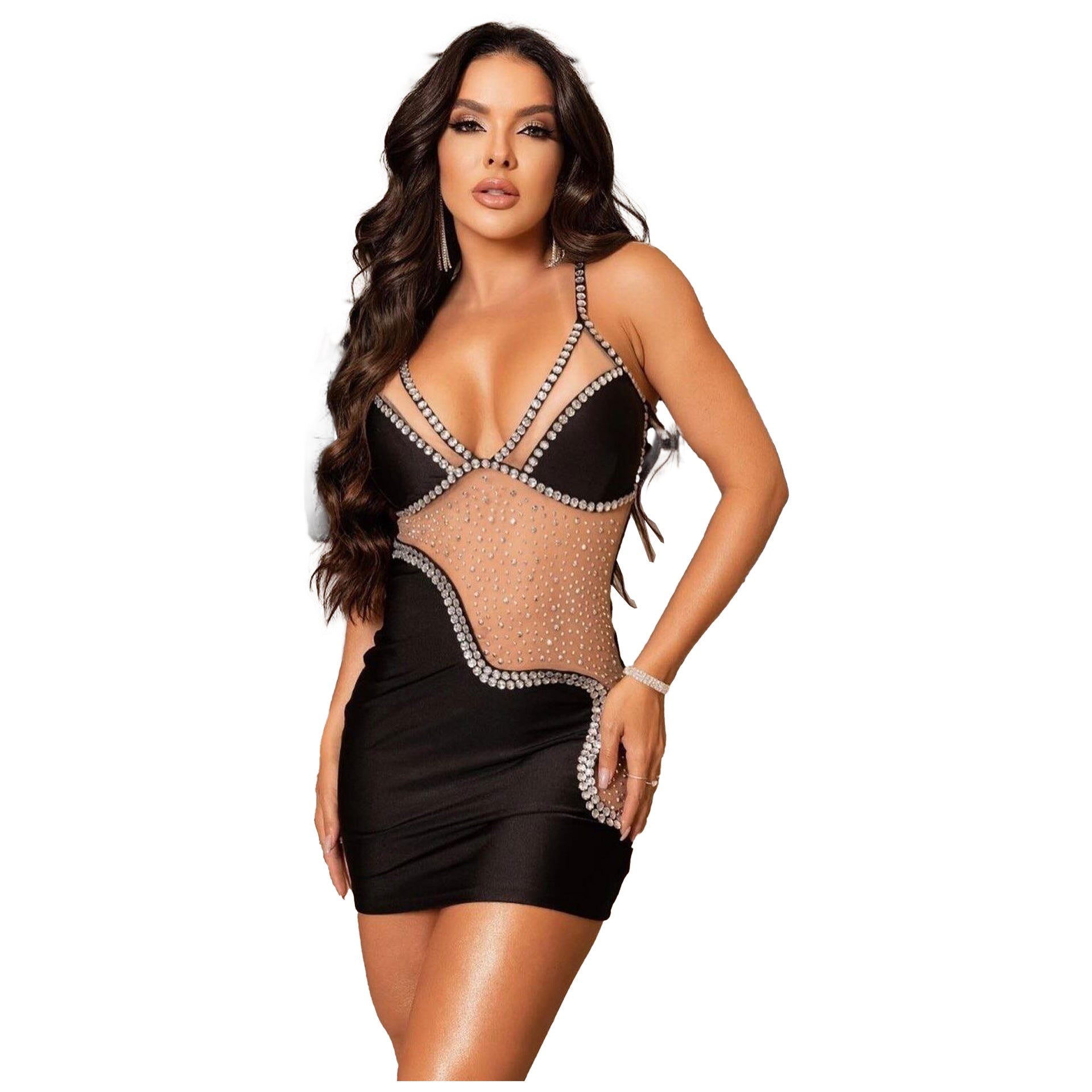 Women Beaded See Through Stretch Strap Bodycon Dress 6