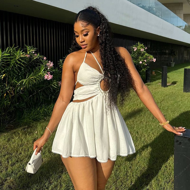 Women's Autumn Halter Neck Tie Beaded High Waist Short Dress 3