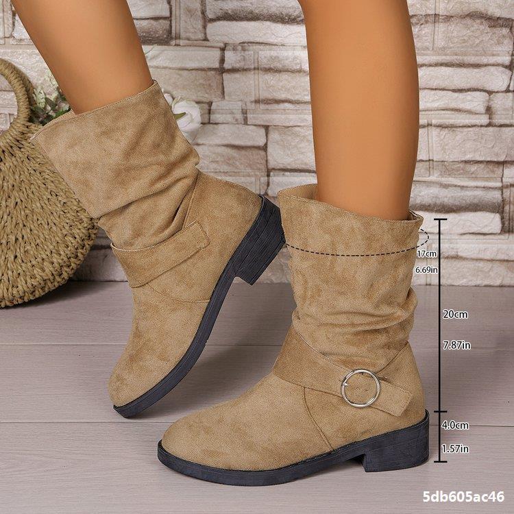 Plus-Size Women Autumn/Winter Suede Pleated Block-Heeled Ankle Boots 3
